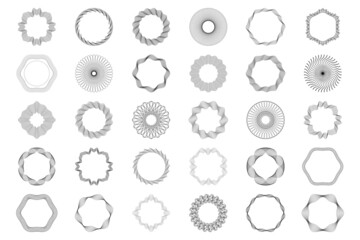 Set: Guilloche Pattern Rosette Elements for certificate, diploma, voucher, money design, currency, note, check, ticket, isolated. Vector illustration