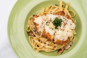 creamy fettucini carbonara with chicken katsu mozzarella