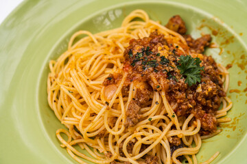 close up view of spaghetti bolognese