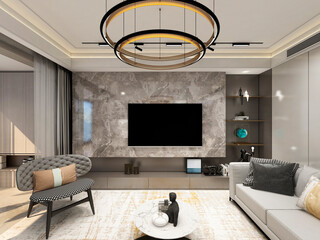 3D rendering, simple modern living room single chair with coffee table, and green plants as decorations.