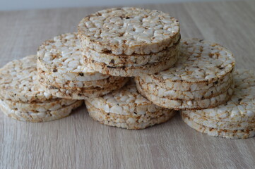 rice cakes on a wooden background	