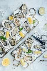 Fresh oysters platter with sauce and lemon. Oyster dinner with champagne in restaurant. Food recipe background. Close up