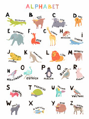 Cute animals alphabet for kid's education. Vector illustration.