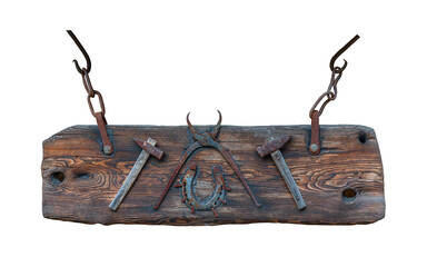 Various old craftsman tools pinned on an old wooden surface and isolated on a white background
