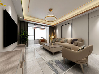 3D rendering, spacious living room design of modern residence, with sofa, tea table, decorative painting, etc