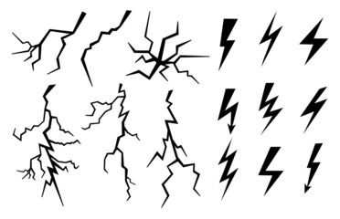 Set of lightnings isolated on white background
