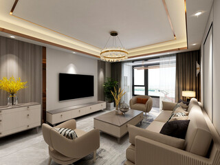 3D rendering, spacious living room design of modern residence, with sofa, tea table, decorative painting, etc