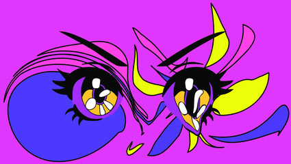 Cute anime girl eyes in cartoon style with sequins and stars.