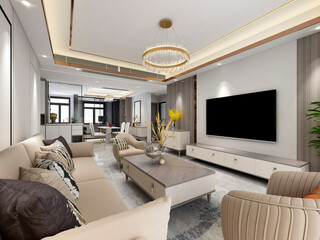 3D rendering, spacious living room design of modern residence, with sofa, tea table, decorative painting, etc