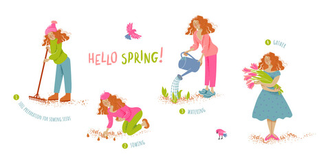 Spring gardening theme. A cute girl prepares the soil with a rake, plants tulip bulbs, waters the sprouts with a watering can and collects a bouquet.