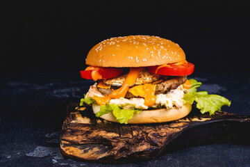 Delicious grilled burger. Beef burgers on wooden plate.