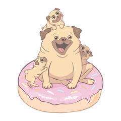 Puppy Pug with a pink donut. Humor poster, t-shirt composition