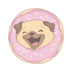 Puppy Pug with a pink donut. Humor poster, t-shirt composition