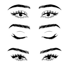 Female woman eyes and brows image collection set.