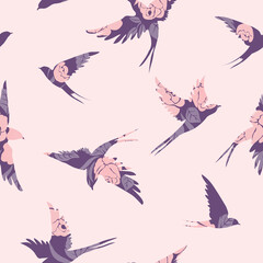 Seamless pattern of swallow silhouettes. Flying birds in different angles.