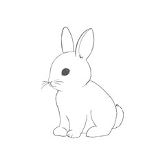 Five black and white sketches of cute rabbits sitting in various poses. Vector Illustrations.