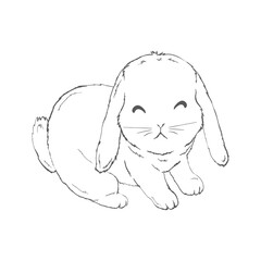 Five black and white sketches of cute rabbits sitting in various poses. Vector Illustrations.