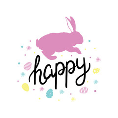 Fototapeta premium Happy Easter greeting card with calligraphic inscription and eggs. Happy Easter lettering.