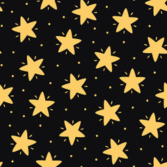 Obraz premium Vector seamless pattern with hand-drawn stars on black background. Night sky art texture. Modern illustration print. Simple doodle for any surface design.