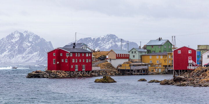 Nyksund Norway 02-28-2022.  Old fishing village with typical colorful houses at Kyksund in Vesteralen Islands Norway.
