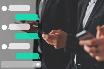 Business chat. Digital marketing. Mobile app. Virtual communication. Unrecognizable men hands using phones sending message in empty text bubbles.