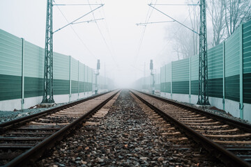 Fototapeta premium Railroad noise barrier. Acoustic wall reducing train sound. Soundproof protection fence along the railway.