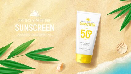 Sunscreen ad banner template. Banner with tube of sunscreen on beach sand with tropical plants, seashells and sea waves. Vector 3d ad illustration for promotion of summer goods.