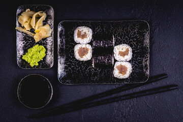 Fresh sushi rolls. Traditional Japanese food. Dinner party.