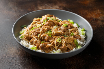 Thai style peanut pork with bean sprouts and rice. Asian food