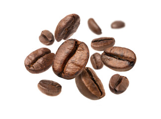 Roasted Coffee beans levitate isolated on a white background.