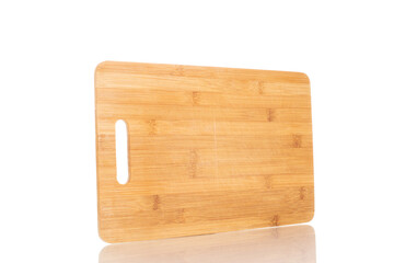 One bamboo cutting board, macro, isolated on a white background.