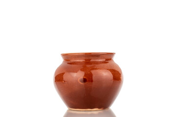 One ceramic pot, close-up, isolated on a white background.