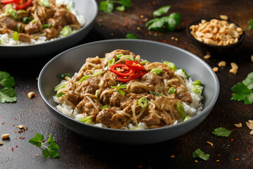 Thai style peanut pork with bean sprouts and rice. Asian food