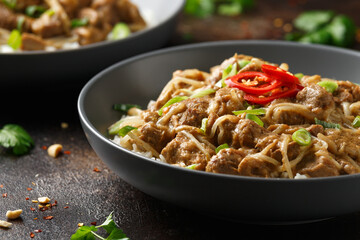 Thai style peanut pork with bean sprouts and rice. Asian food