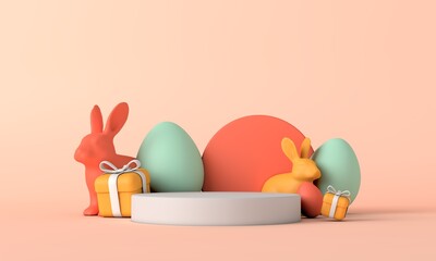 Happy easter podium background with easter bunny eggs and gifts. 3D Rendering