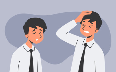 A portrait depicting a businessman show expressing his depressive mood and disappointment at the mistake of his work.