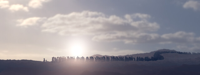Illustration of  refugees in a landscape in bright misty color and mysterious atmosphere. Hopeless people. 3D Render.