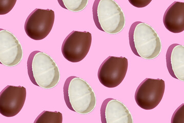 Chocolate eggs. Easter eggs. Seamless pattern of chocolate eggs on a pink background. Easter sweet chocolate background