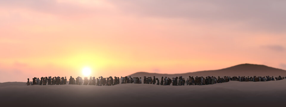 Illustration of refugees in a landscape in the sunset and mysterious atmosphere. Hopeless people. 3D Render.