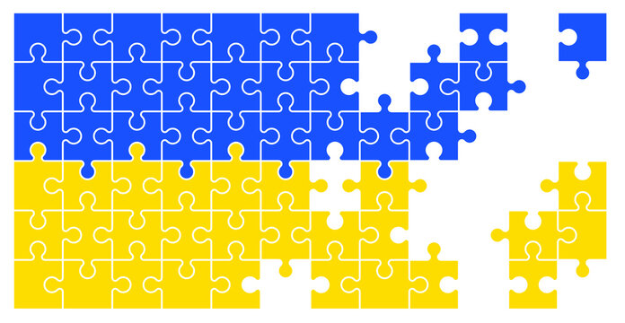 jigsaw puzzle pieces with Flag Ukraine. Puzzle pieces icon or pictogram. national country symbol. Cartoon vector war Russia conflict logo. Platte puzzels. Mosic sign. For travel, vacation or holliday.