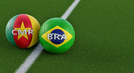 Brazil vs. Cameroon Soccer match - Soccer balls in Brazil and Cameroon national colors. 3D Rendering 