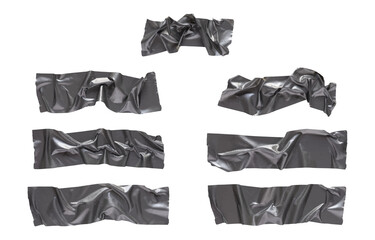 Black wrinkled adhesive tape of different sizes isolated on white background. Vector illustration.