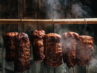 Closeup of freshly smoked ham in smokehouse. Natural product from an organic farm. banner, menu,...