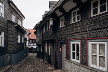 View on timbered houses and cobbled street in the historic old town of Goslar, Germany