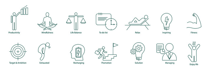 icon set of productivity, mindfulness, life balance, to-do list, relaxation, inspiring, fitness, target and ambition, exhaustion, recharging, promotion, solution, managing, enjoy