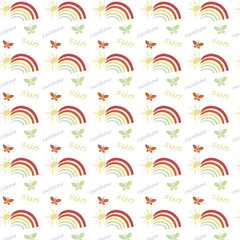 Seamless pattern in pastel colors with cute butterflies, sun and rainbow on a white background. Vector design for baby products, diapers, clothes, textiles, wrapping paper, prints, decorations