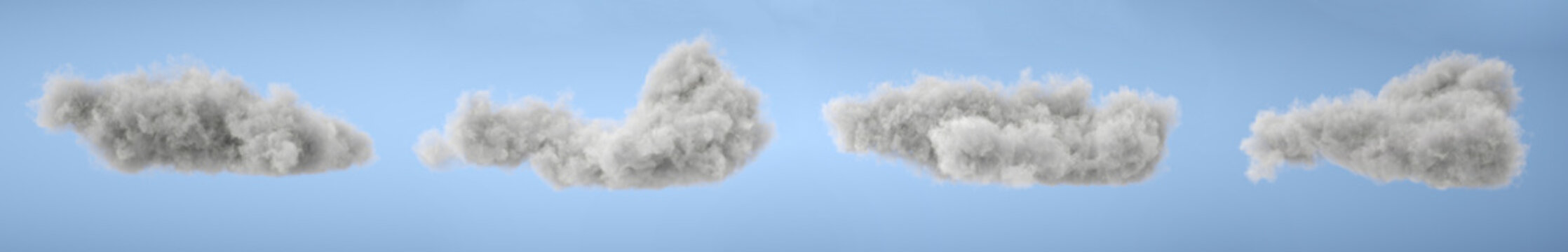 Set of white 3d clouds isolated on a blue background. Realistic clouds in the blue sky. 3D Rendering