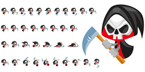 Character death with a scythe. Grim Reaper. Available for use in animation. Game cartoon sprite in black cape. A skeleton   