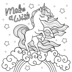 Fototapeta na wymiar Beautiful unicorn on the rainbow. Black and white linear drawing. For the design of children's coloring books, prints. posters, stickers, postcards, tattoos, etc. Vector