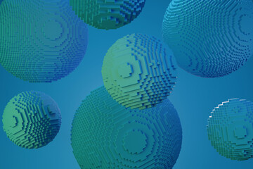 Blue spheres built with bricks background. 3d illustration.